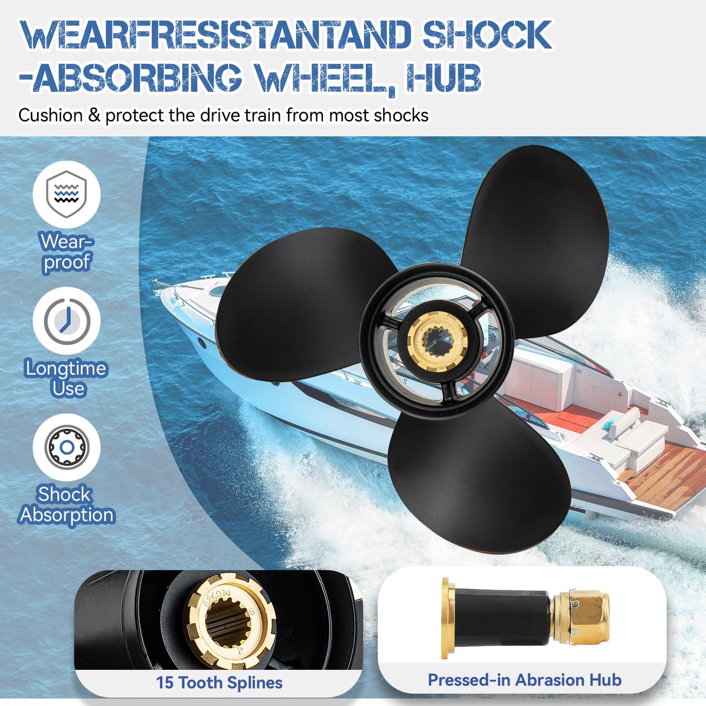 Qiclear 13 1/4x17 Pitch 48-77344A45 OEM Upgrade Aluminium Boat Propeller fit Mercury Outboard Motos 60 75 90 100 115 Hp,15 Spline Tooth,Hub Kits Included,Rh,13.25 x 17p