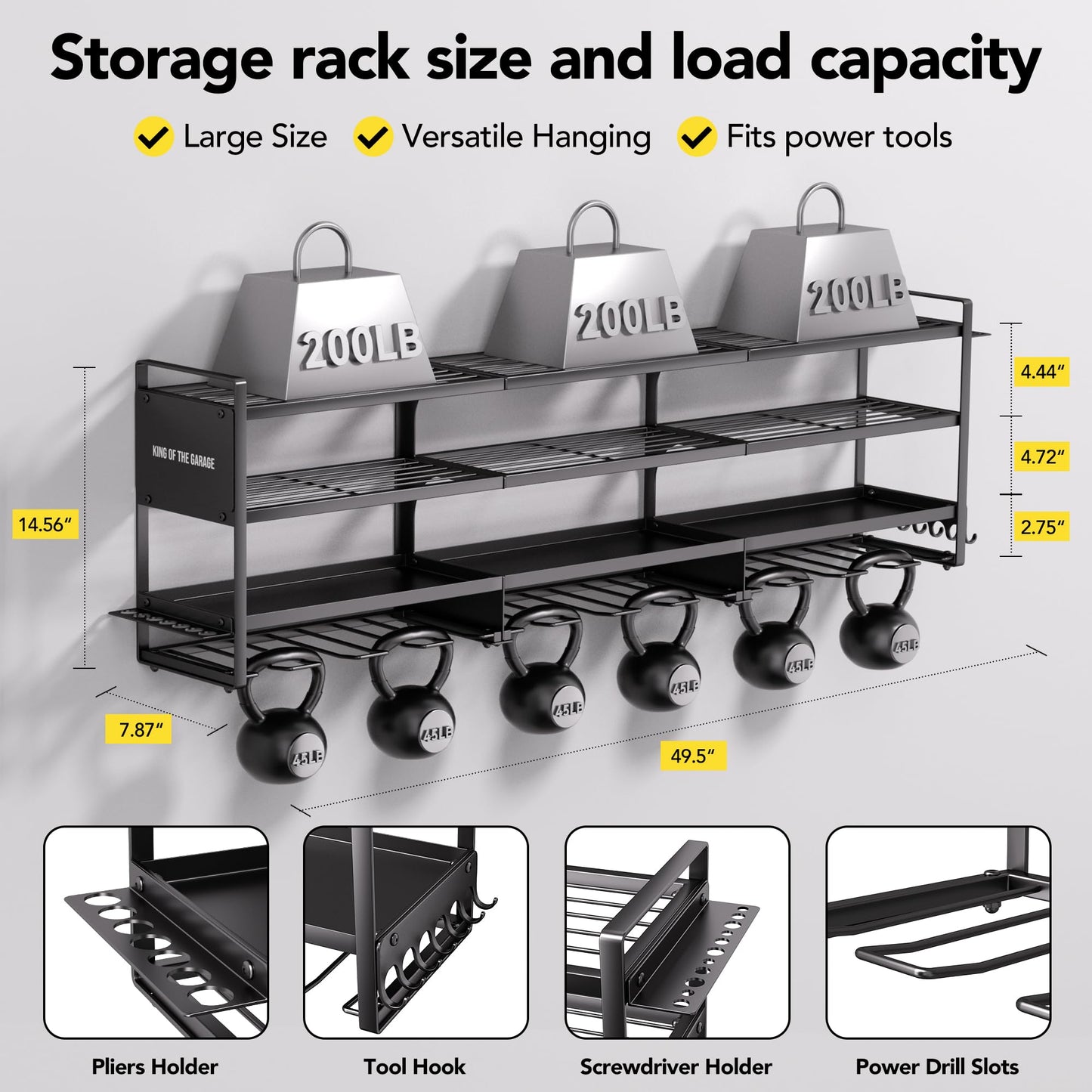 YFFSRJDJ Power Tool Organizer Wall Mount with Charging Station, Cordless Tool Organizer, 12 Drill Holders 4-Tier Heavy Duty Drill Rack with 8-Outlet Power Strip, Garage Gift for Men
