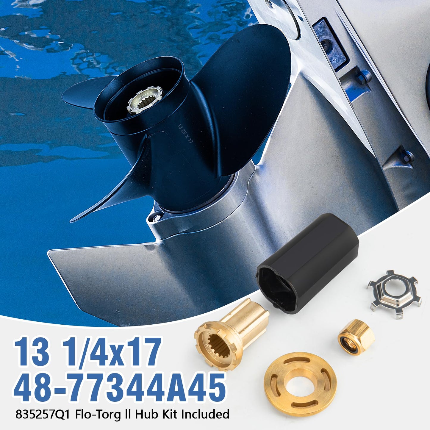 Qiclear 13 1/4x17 Pitch 48-77344A45 OEM Upgrade Aluminium Boat Propeller fit Mercury Outboard Motos 60 75 90 100 115 Hp,15 Spline Tooth,Hub Kits Included,Rh,13.25 x 17p