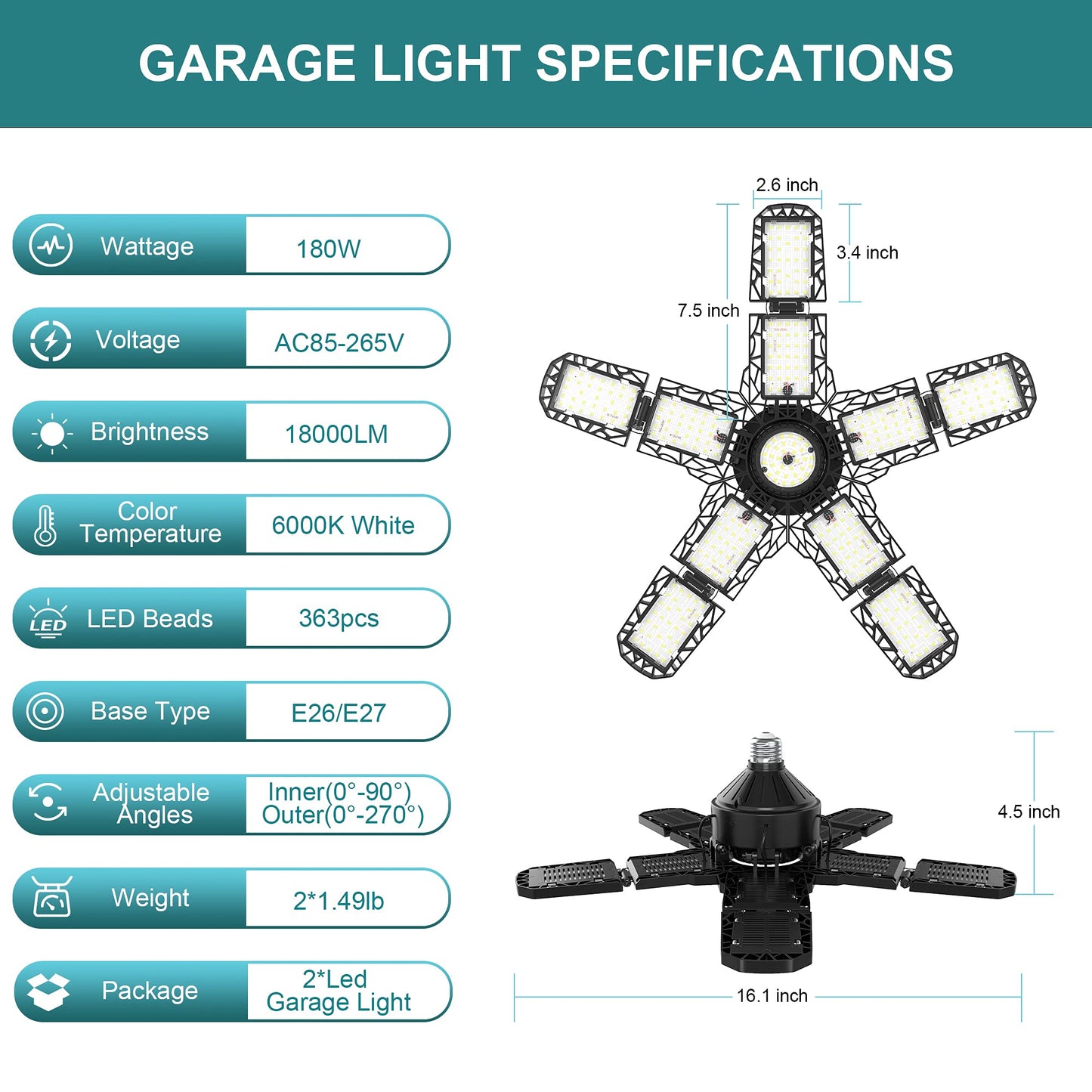Nexillumi 2-Pack Led Garage Light 180W, 36000LM Garage Lights Ceiling LED with E26/E27 Medium Base, 6000K Deformable LED Shop Lights with 10+1 Adjustable Panels for Garage, Workshop, Attic, Basemen