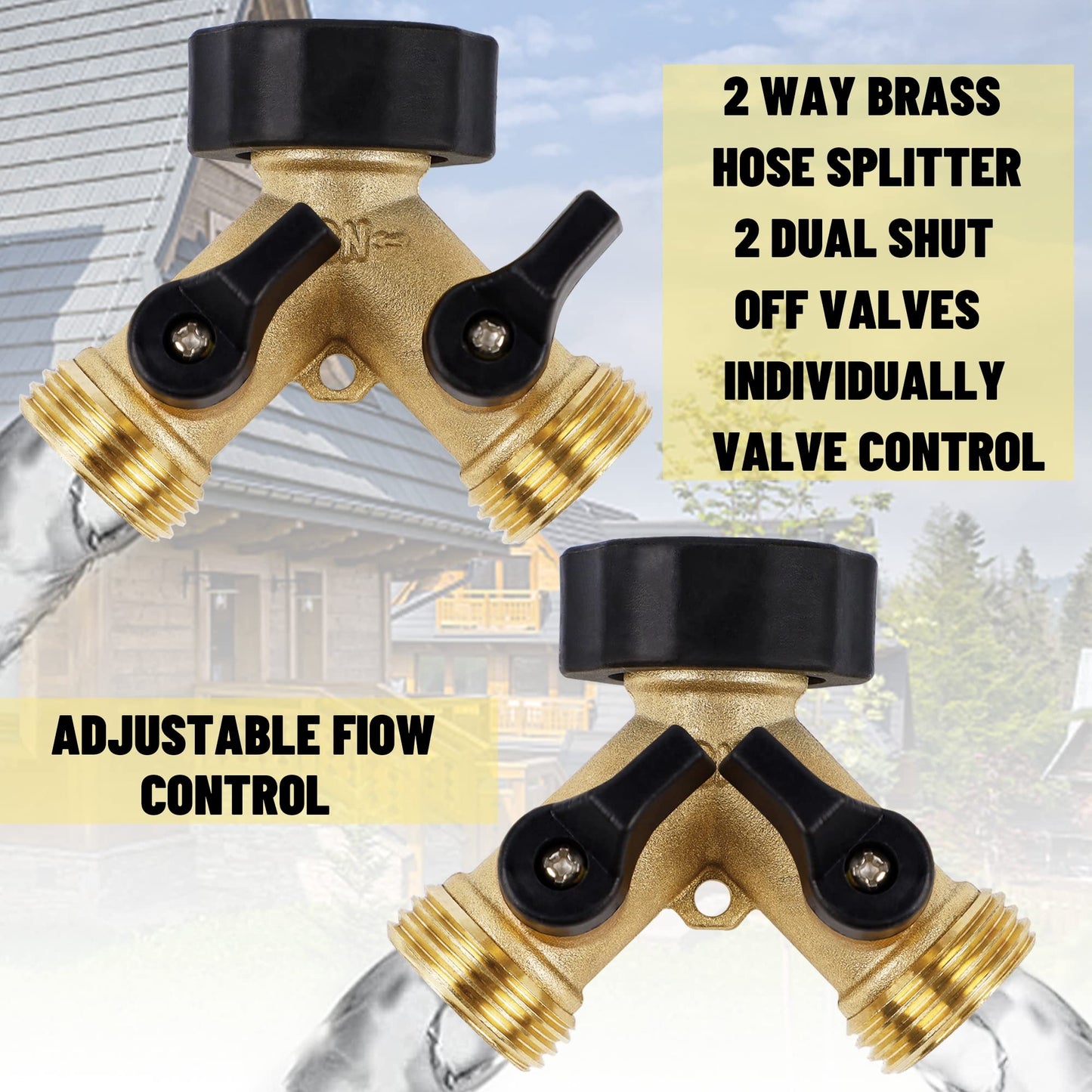 Biswing Garden Hose Splitter 2 Way, Heavy Duty Brass Connector Tap Splitter, Y Splitter 2 Valves with 2 Extra Rubber Washers