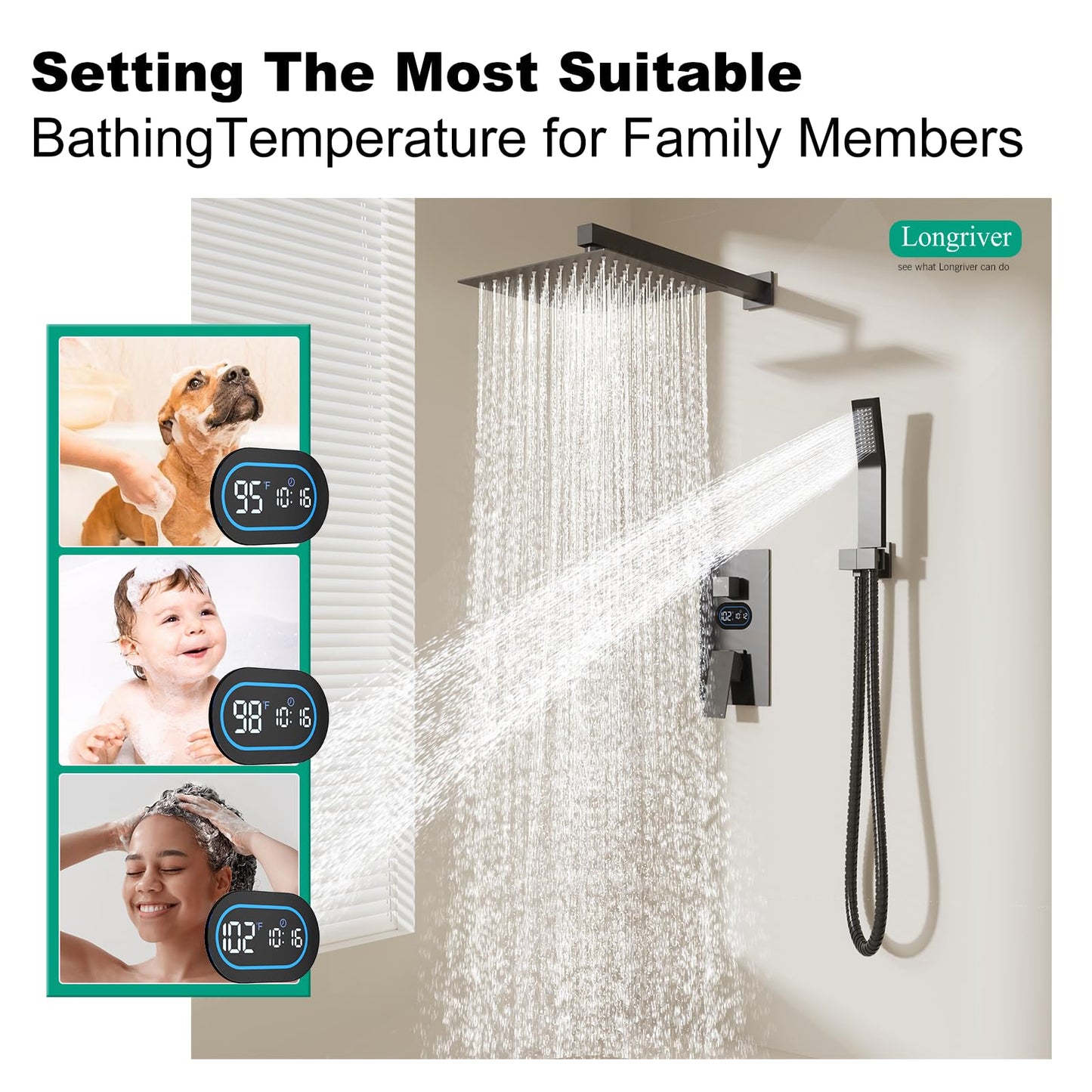 Shower Faucet Set with Hydro Power Temperature Display, Shower System Bathroom 10 Inches Shower Head with Handheld Spray, Wall Mounted Shower Fixtures with Shower Valve and Trim Kit, Matte Black