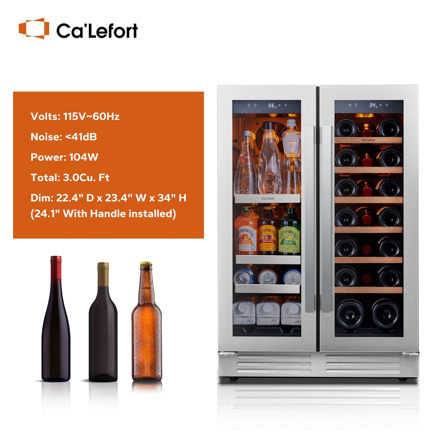 Ca'Lefort 24 Inch Wine and Beverage Refrigerator - 60 Can and 20 Bottle Wine Fridge Dual Zone 36-72°F, 3 LED Beverage Cooler Built in or Freestanding, Perfect for Home/Kitchen(4.10 cu.ft)