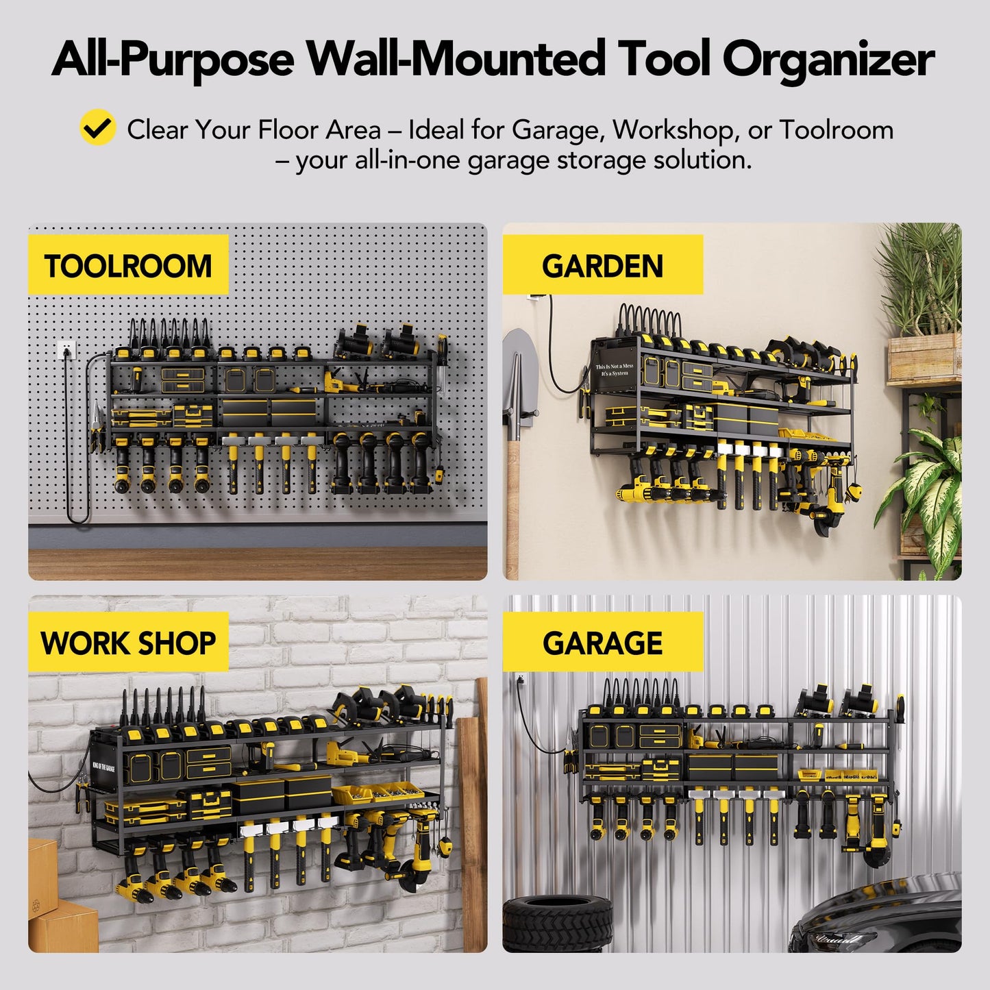 YFFSRJDJ Power Tool Organizer Wall Mount with Charging Station, Cordless Tool Organizer, 12 Drill Holders 4-Tier Heavy Duty Drill Rack with 8-Outlet Power Strip, Garage Gift for Men