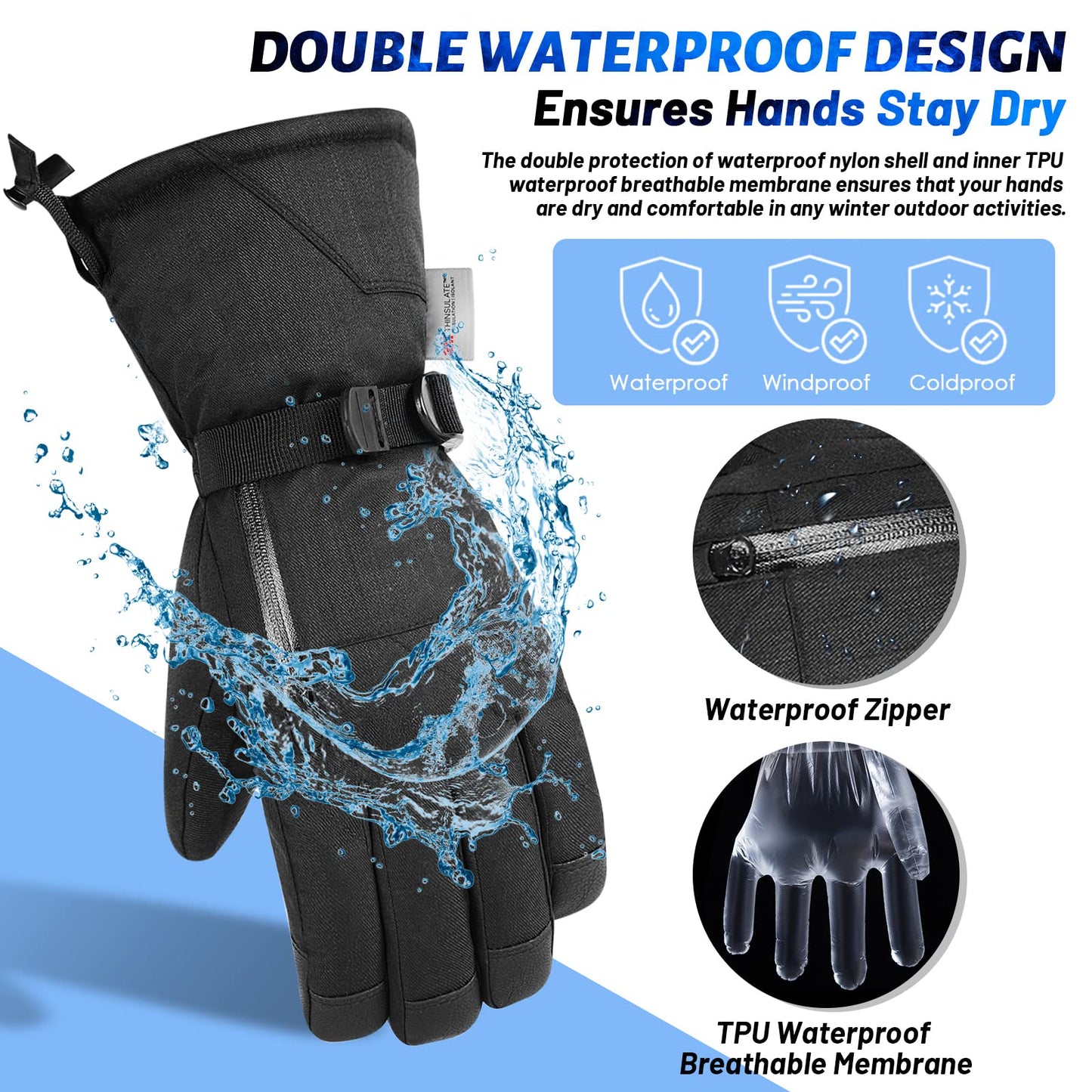 Ski Gloves Waterproof Touchscreen for Men Women Winter Snow Snowboard Gloves Warm Thermal 3M Thinsulate Insulated Black Snowmobile Gloves with Pocket for Extreme Cold Weather Outdoor Windproof Medium