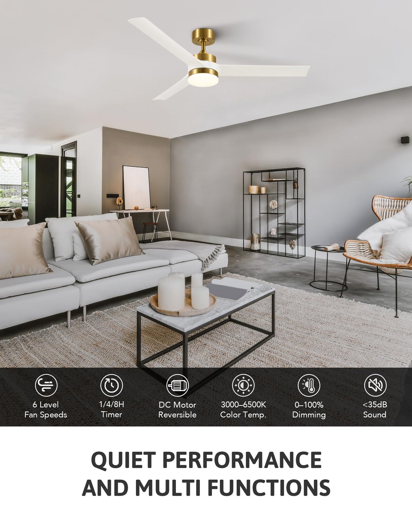 VONLUCE Ceiling Fans with Lights, 52 Inch Ceiling Fan and Remote, with 3 Blades 6-Speeds Noiseless Reversible DC Motor, Modern Ceiling Fan for Farmhouse Bedroom Patio Indoor Outdoor, White Gold