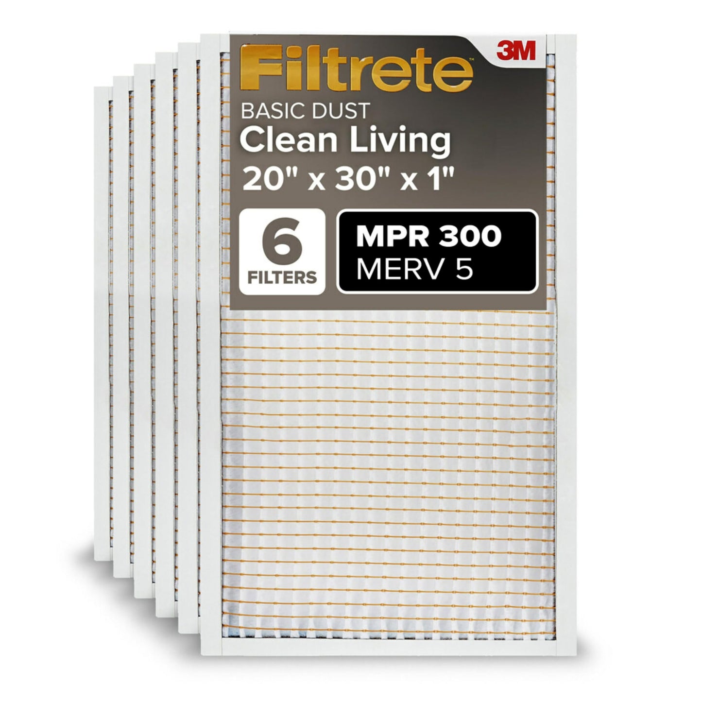 Filtrete 20x30x1 Air Filter, MPR 300, MERV 5, Clean Living Basic Dust 3-Month Pleated 1-Inch Air Filters, 6 Filters