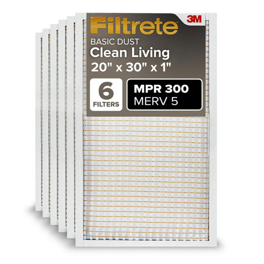Filtrete 20x30x1 Air Filter, MPR 300, MERV 5, Clean Living Basic Dust 3-Month Pleated 1-Inch Air Filters, 6 Filters