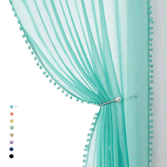 Treatmentex Aqua-Blue Pom-Pom Sheer Curtains for Bedroom Nursery Room 63inches Long Linen Textured Window Sheer Drapes 52" W, 1 Pair, Rod Pocket