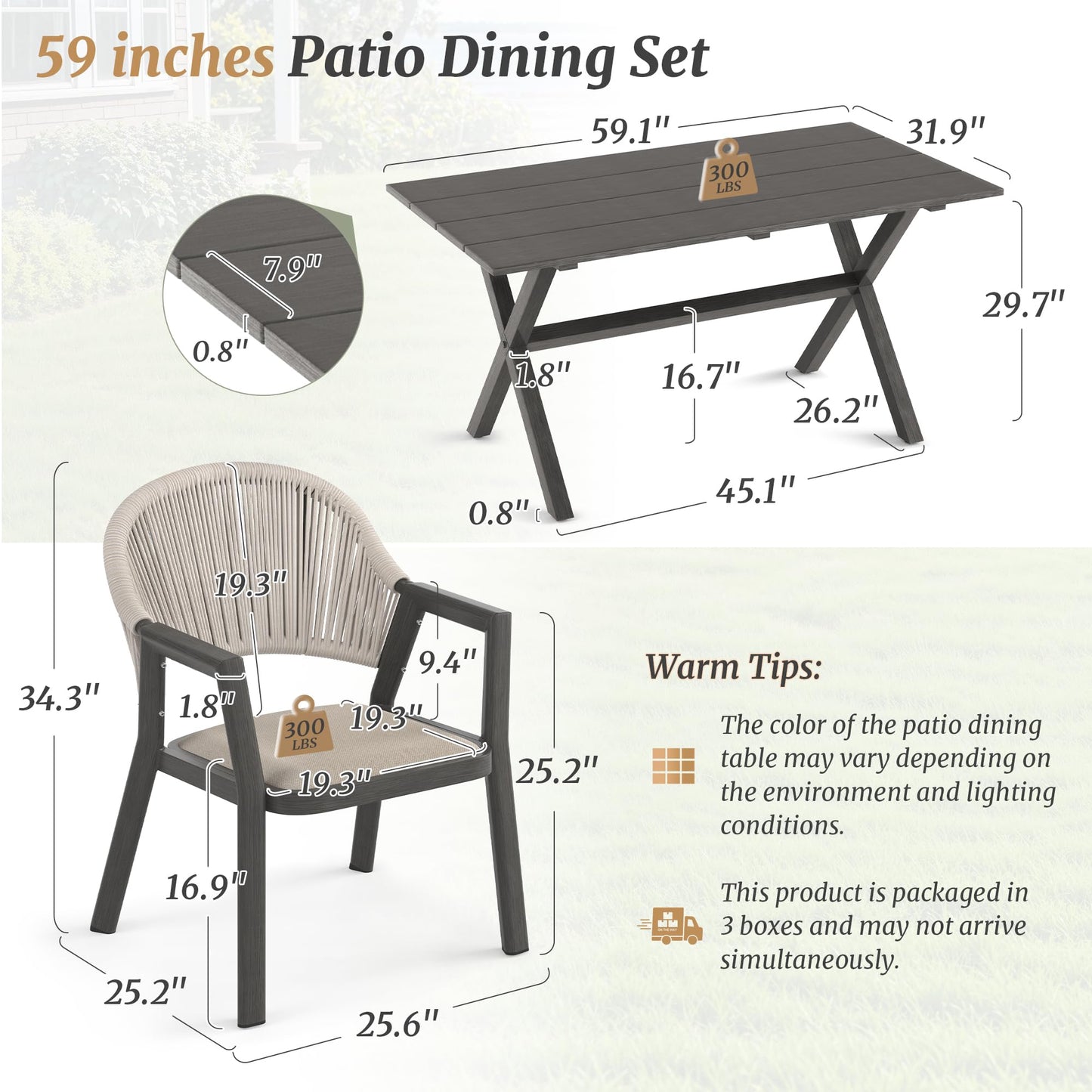 Cozyman Outdoor Dining Set 7-Piece, 59 Inch Patio Furniture Set with PE Wicker Chairs, All-Weather Resistant Aluminum Table for 7, Beige Almond