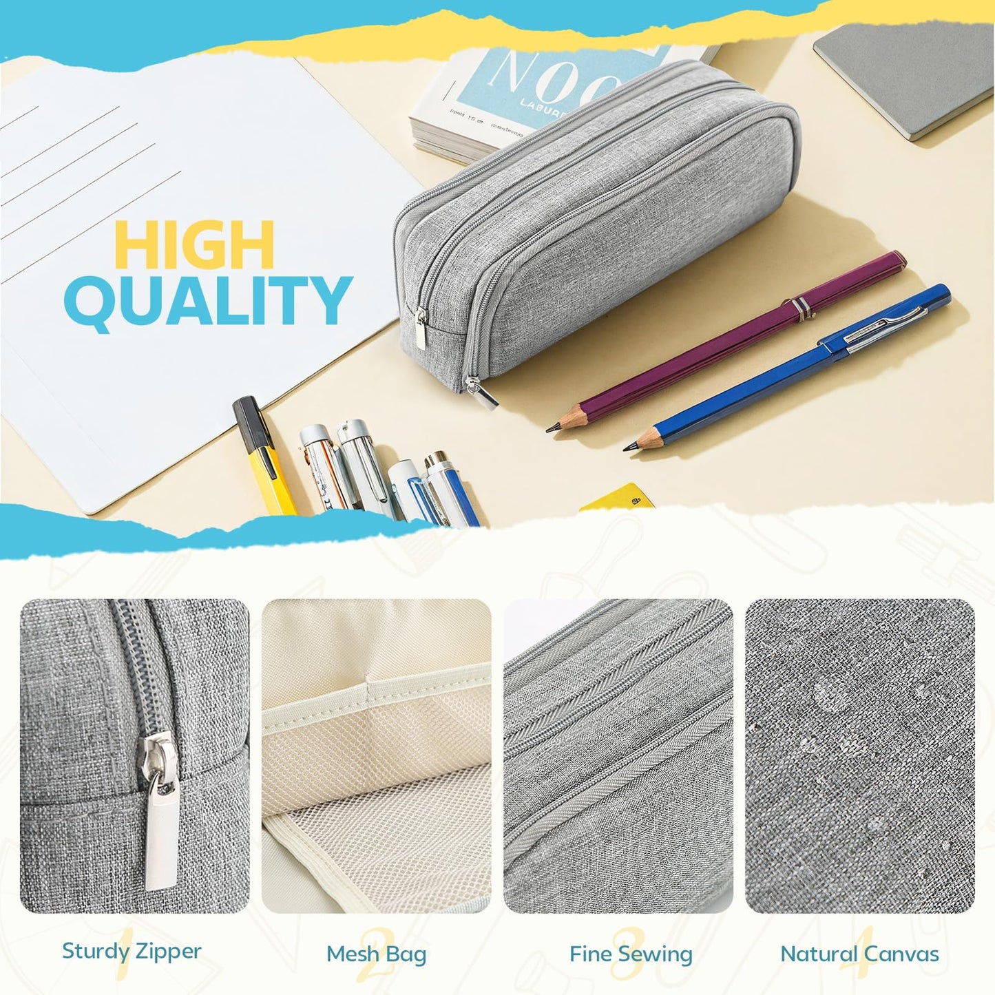 Large Capacity Pencil Case Pencil Pouch Pen Bag with 3 Compartment Stationery Organizer with Zipper, School Supplies Organizer for Teen Adults (Grey)