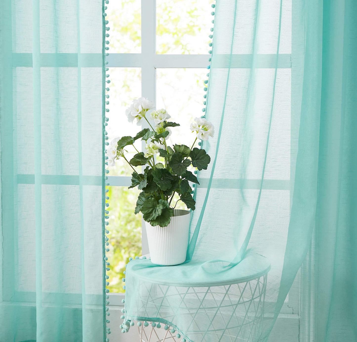 Treatmentex Aqua-Blue Pom-Pom Sheer Curtains for Bedroom Nursery Room 63inches Long Linen Textured Window Sheer Drapes 52" W, 1 Pair, Rod Pocket
