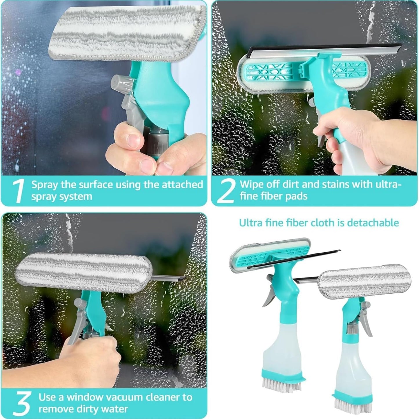4 in 1 Glass Cleaner Scraper, Reusable Magnetic Double-Sided Window Cleaning Tool with Wiper, Detachable Spray Bottle, Extendable Handle, Streak Squeegee for Home High-Rise Use (2Pc)