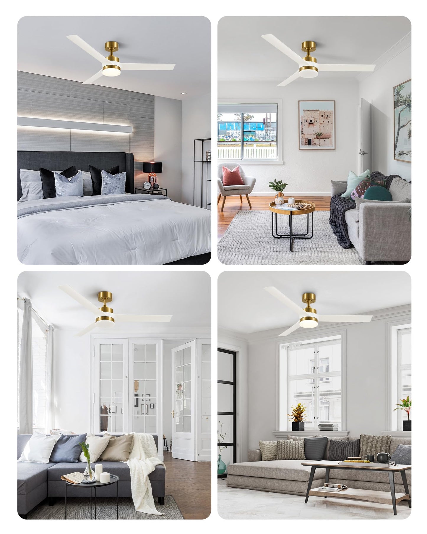 VONLUCE Ceiling Fans with Lights, 52 Inch Ceiling Fan and Remote, with 3 Blades 6-Speeds Noiseless Reversible DC Motor, Modern Ceiling Fan for Farmhouse Bedroom Patio Indoor Outdoor, White Gold