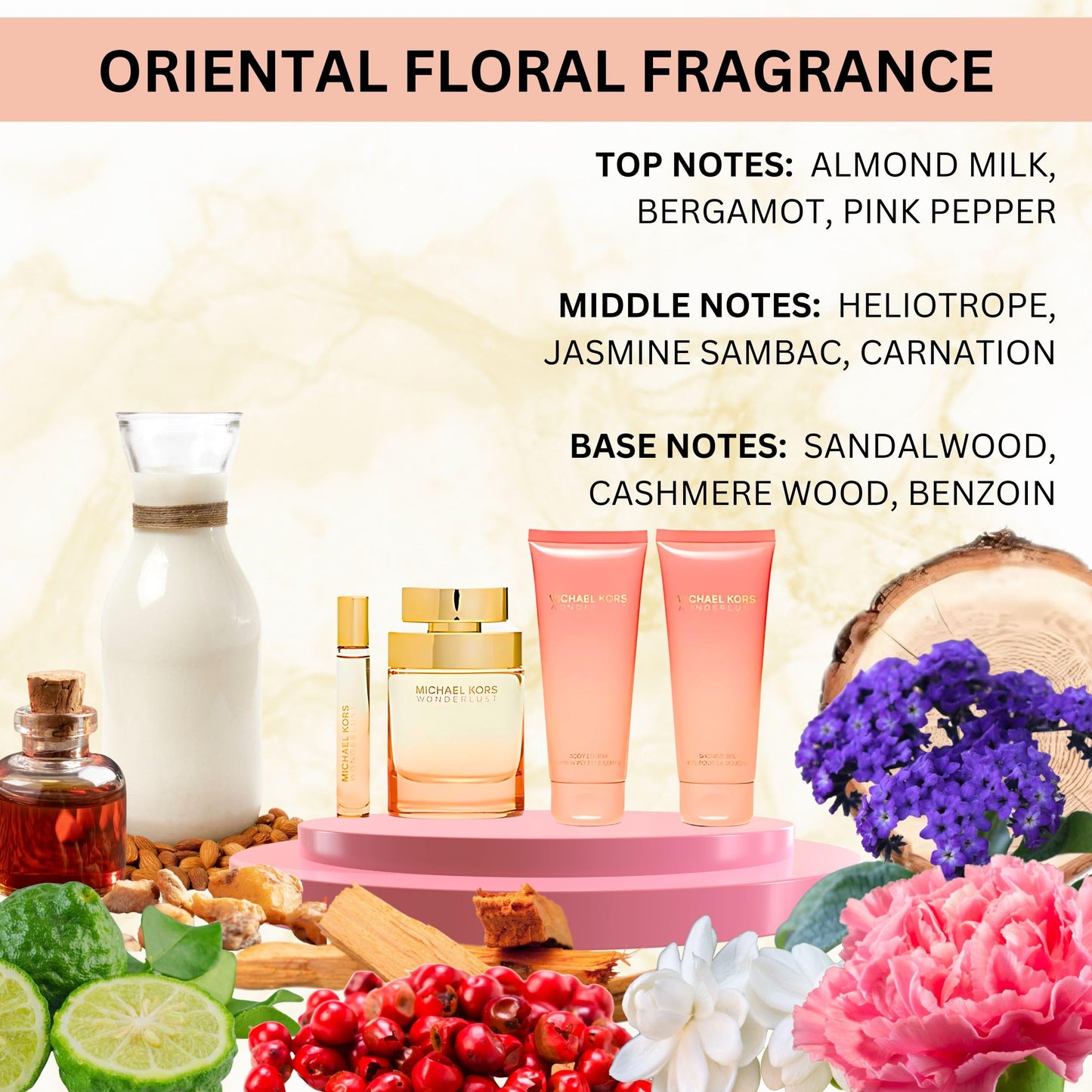 Michael Kors Wonderlust for Women 4 Pieces Gift Set, (3.4 Ounce Eau de Parfum Spray +3.4 Ounce Body Lotion +3.4 Ounce Shower Gel + 0.3 Ounce Eau de Parfum Spray)