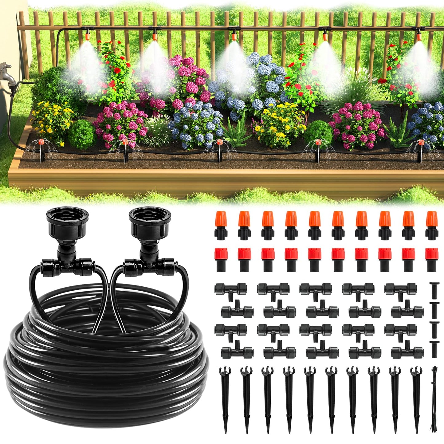 MIXC Drip Irrigation System, 50 FT Quick Connector Garden Watering System, Automatic Sprinkler Kit for Lawn Raised Bed Outdoor Plants Greenhouse with 1/4'' Tubing, Drip Emitters, Misting Nozzles