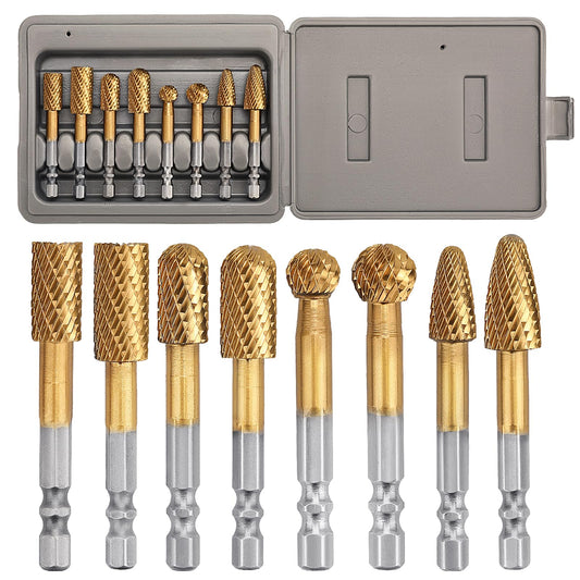 8Pack Carbide Burr Set (3/8 & 1/2 inch Diameter) with 1/4 inch Hex Shank,Tungsten Carbide Rotary Burr Set for DIY Grinder Metal Wood Engraving Polishing Drilling Grinding Milling Cutting