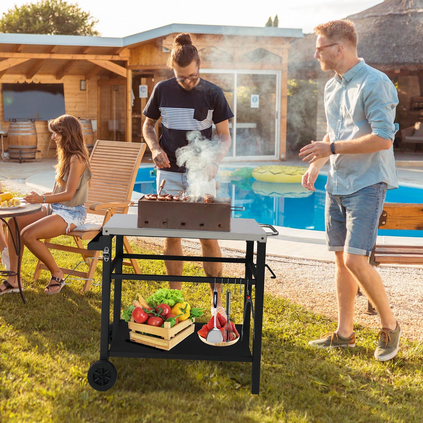 Large Stainless Steel Movable Outdoor BBQ Cart Table, 3 Tier Outdoor Kitchen Prep Table Pizza Oven Stand with Wheels, Suitable for BBQ, Camping