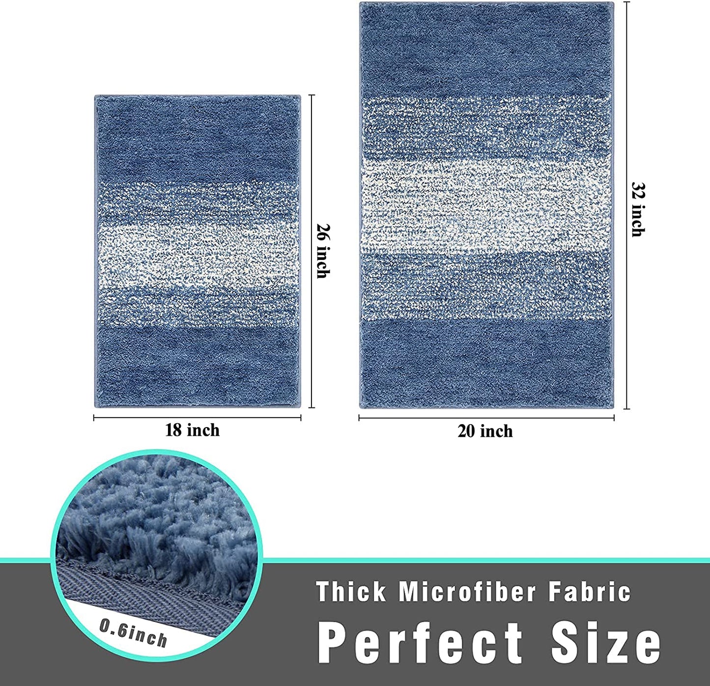 Vaukki Luxury Soft Bathroom Rugs Set of 2, Non Slip Washable Plush Bath Floor Mats, Microfiber Shaggy Absorbent Striped Bath Carpet for Tub, Bathroom and Shower (18''x26''+20''x32'', Blue)