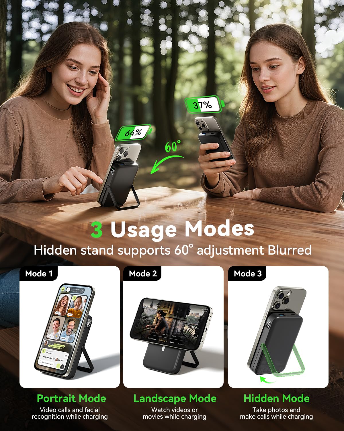 LENUTO for Magsafe Battery Pack 10000mAh Power Bank with Foldable Stand Portable Charger, PD 22.5W Fast Charge, Dual USB-C & USB-A Outputs, Wireless Charger for iPhone 16/15/14/13/12 Series–Black