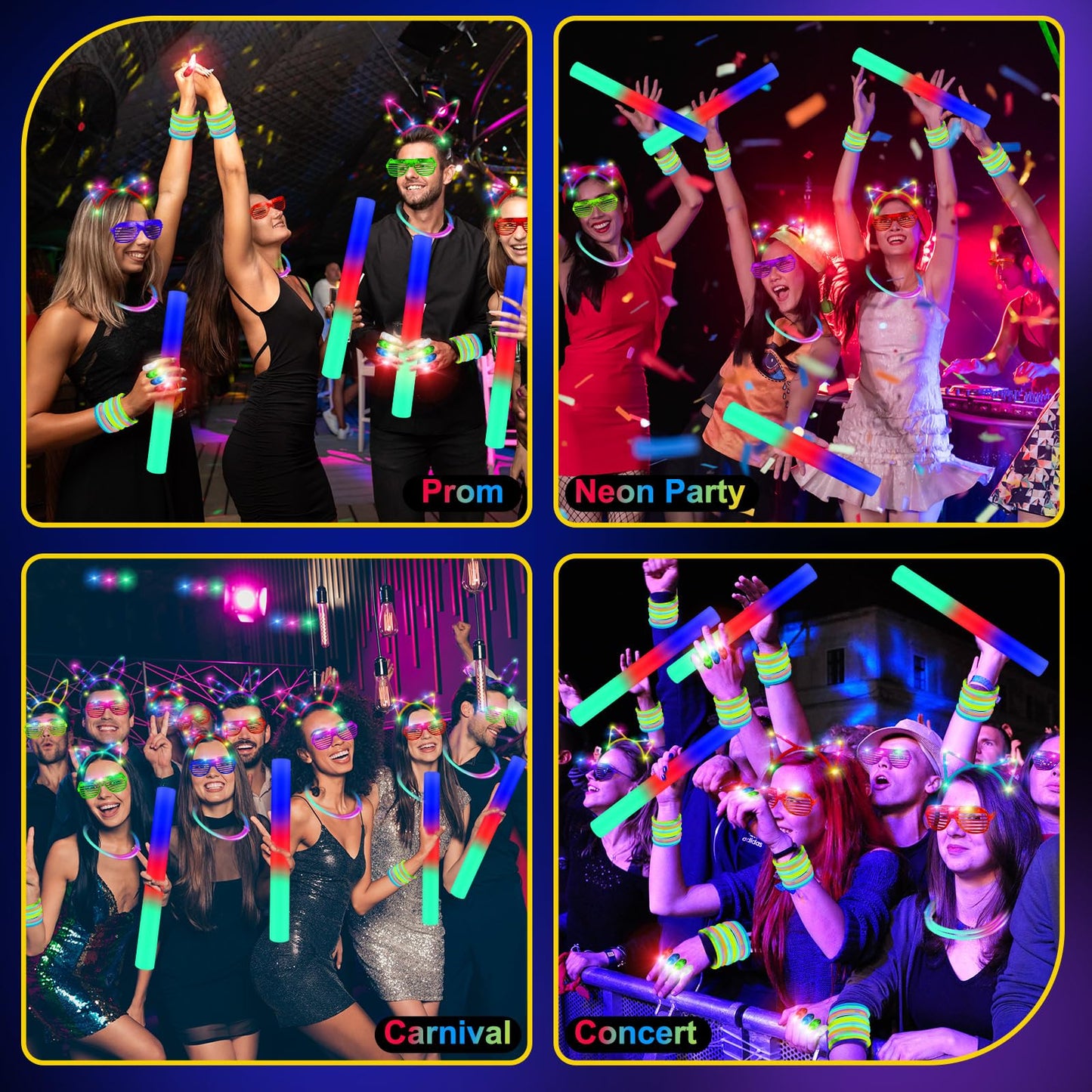 OLUPP 282 PCS Glow in the Dark Party Supplies, 18 Foam Sticks, 18 LED Glasses, 200 Glow Sticks, 30 Finger Lights, 8 Bunny Ear Headband and 8 LED Cat Ear Headband for Wedding,Birthday,Concert,New Year