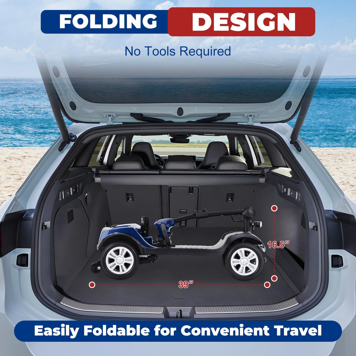 Metro Mobility 4 Wheel Powered Mobility Scooters, 300 lbs Capacity Mobility Scooters for Adults, Folding Mobility Scooter Lightweight, Electric Scooters for Seniors 10 Miles Range LED Light Blue