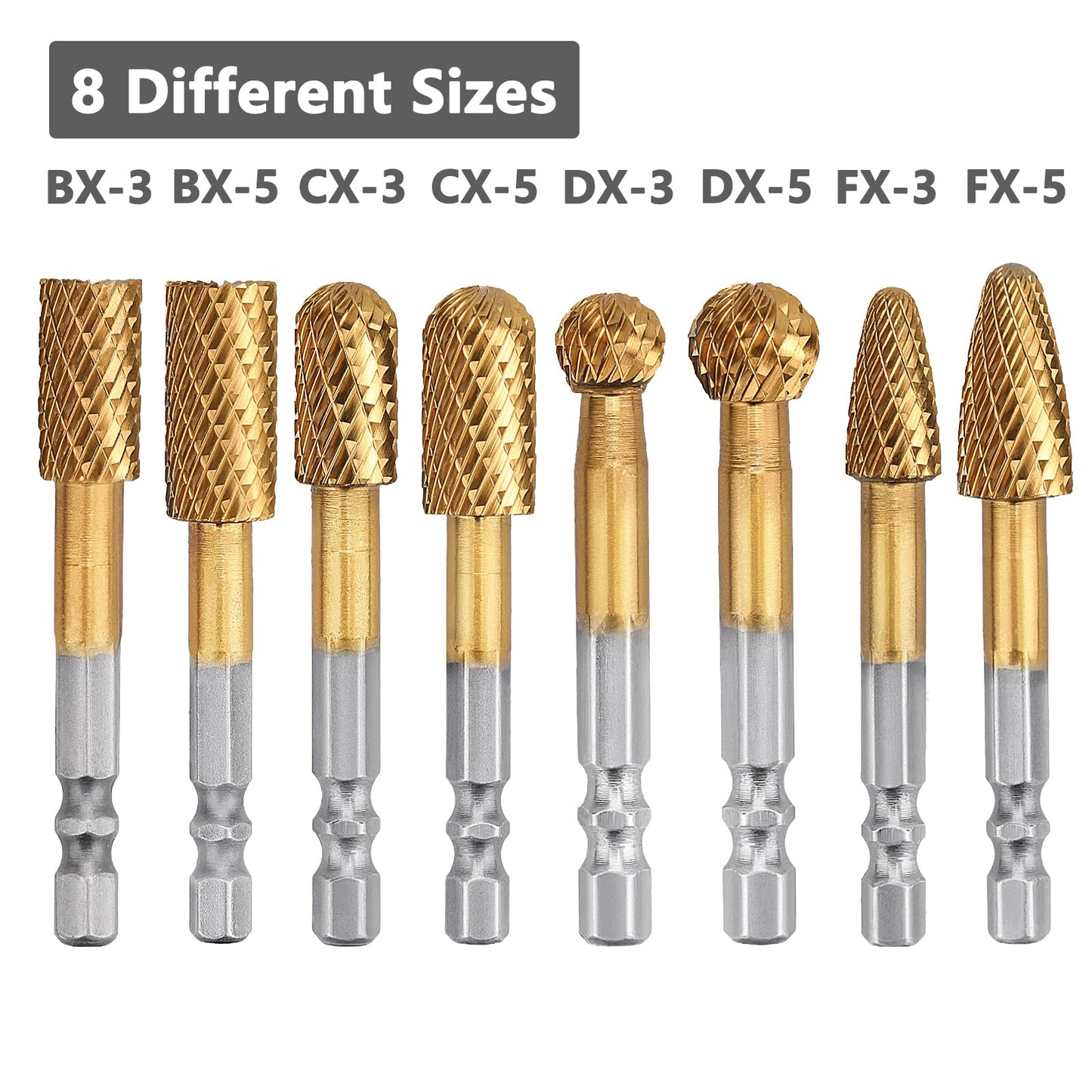 8Pack Carbide Burr Set (3/8 & 1/2 inch Diameter) with 1/4 inch Hex Shank,Tungsten Carbide Rotary Burr Set for DIY Grinder Metal Wood Engraving Polishing Drilling Grinding Milling Cutting