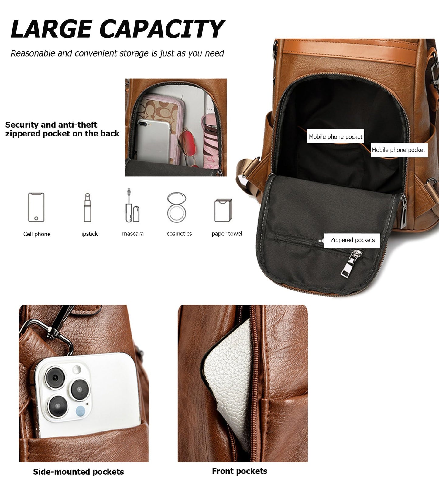 myfriday Vintage Leather Backpack for Women, Soft Rucksack Backpack with Anti-Theft Pocket Convertible Shoulder Handbag (Brown)