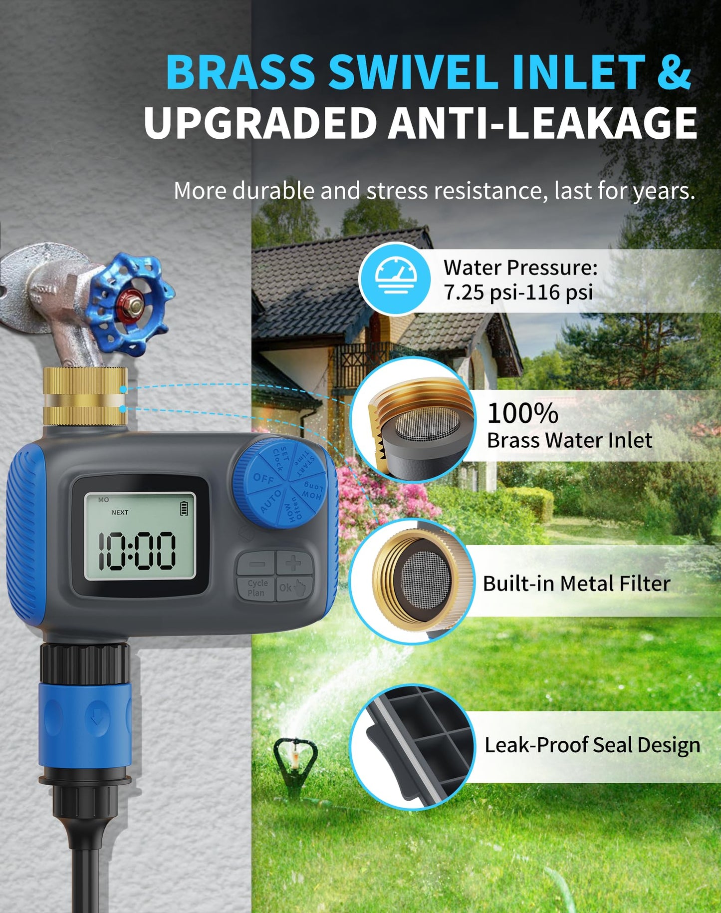 Smartale Sprinkler Timer, Programmable Hose Timers for Watering with Brass Swivel, Digital Irrigation Controller System with Rain Delay/Manual Mode/Automatic Watering for Outdoor Garden Yard Lawn
