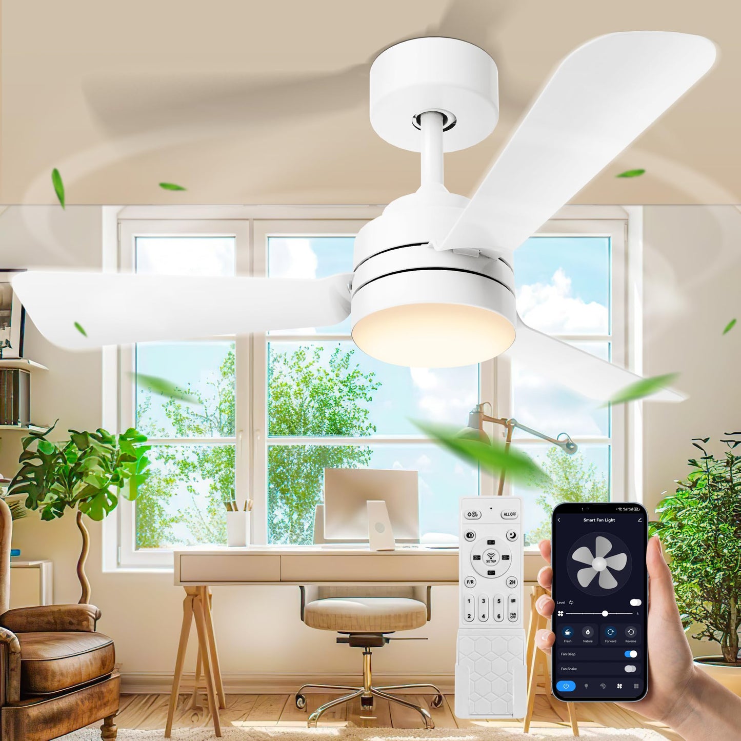 28"Ceiling Fans with Lights, Flush Mount Ceiling Fans with Light and Remote,Easy-to-install,Reversible,3000K-6500K,Dimmable,6 Wind Speed,Small ceiling fan light for Bedroom,Kitchen,Garage.White.