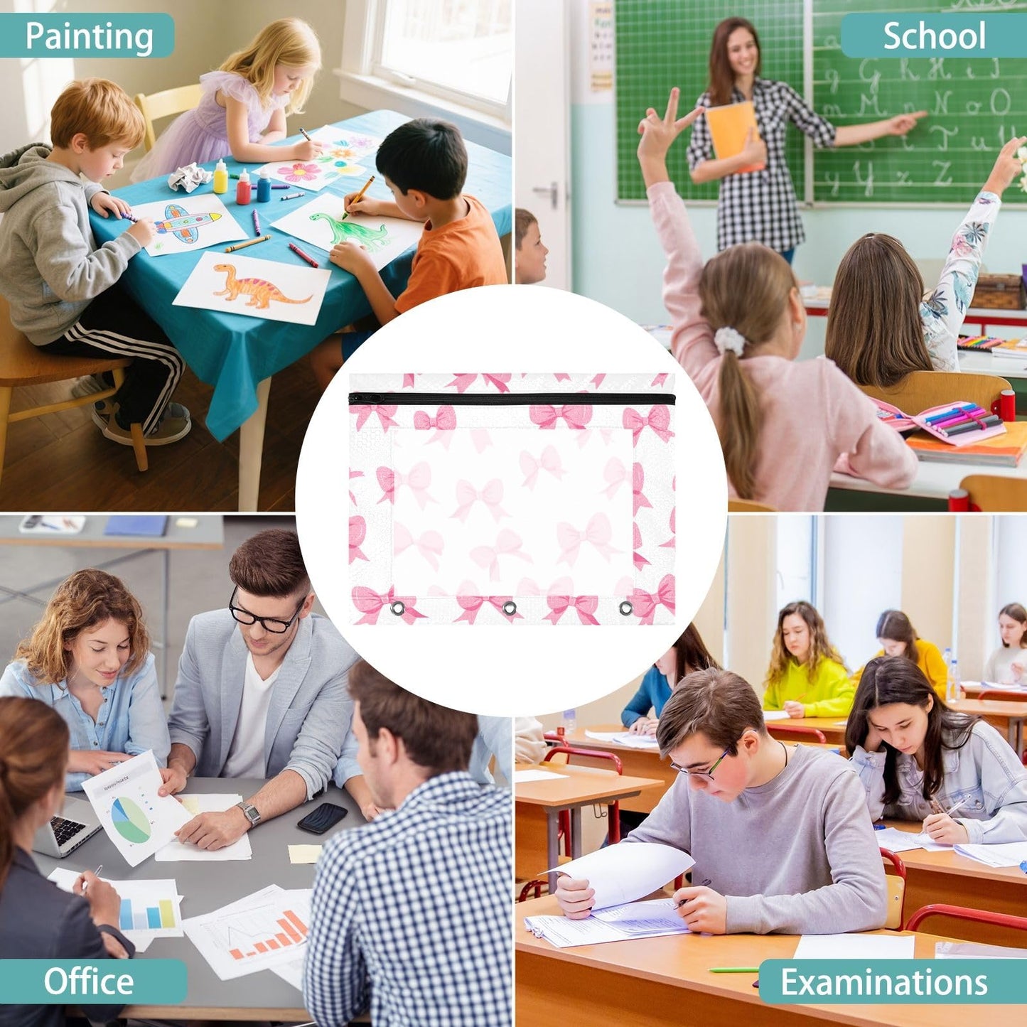 PIMILAGU Pink Bow White Background Pencil Pouch for 3 Ring Binder, Binder Pencil Pouches with Clear Window Zipper Pencil Case Bag for School Office Supplies, 2PCS