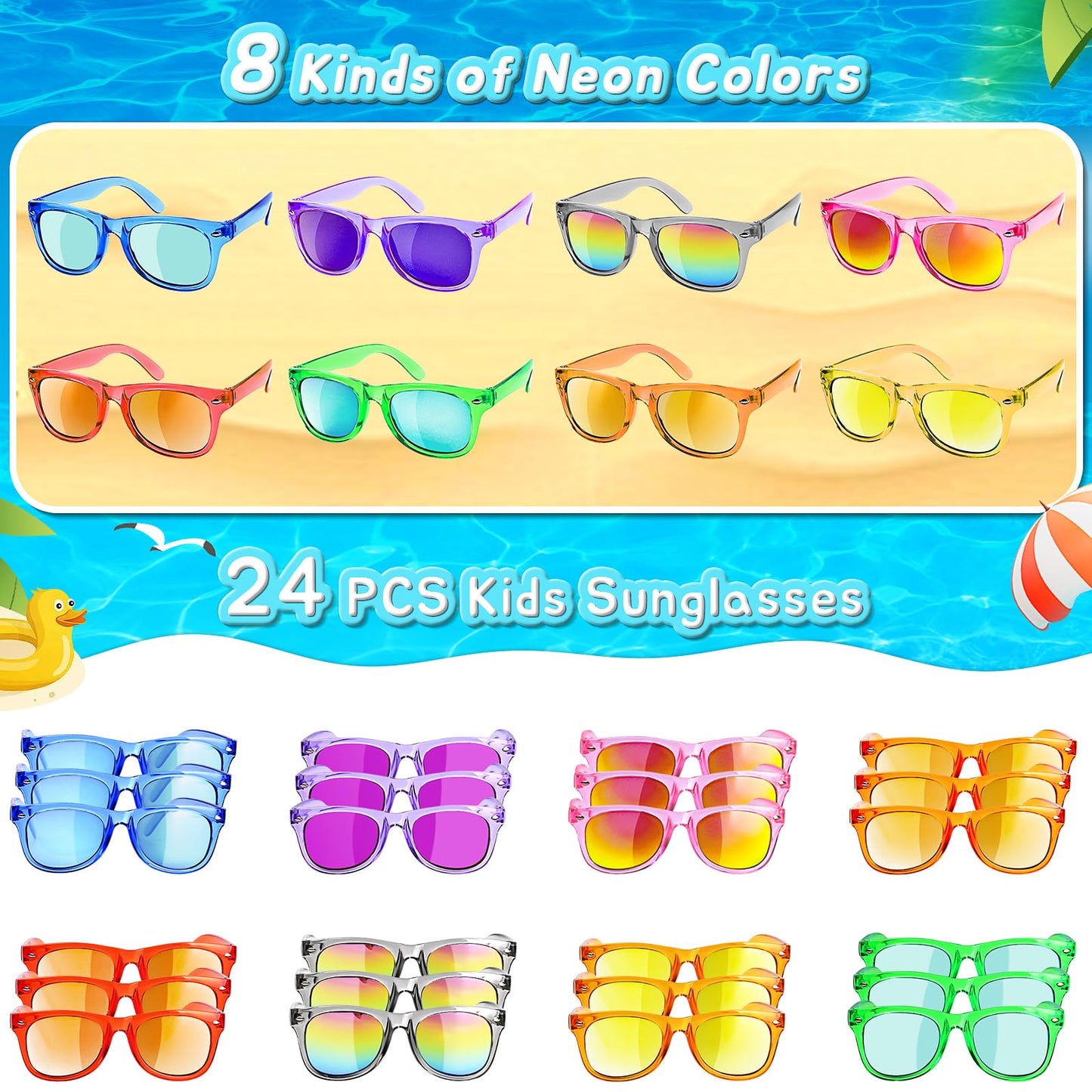 Kids Sunglasses Party Favors - Boys Girls Age 3-8 Birthday Goodie Bags Stuffers, Neon Sunglasses with UV 400 Protection for Kids Classroom Favors - 24 Packs