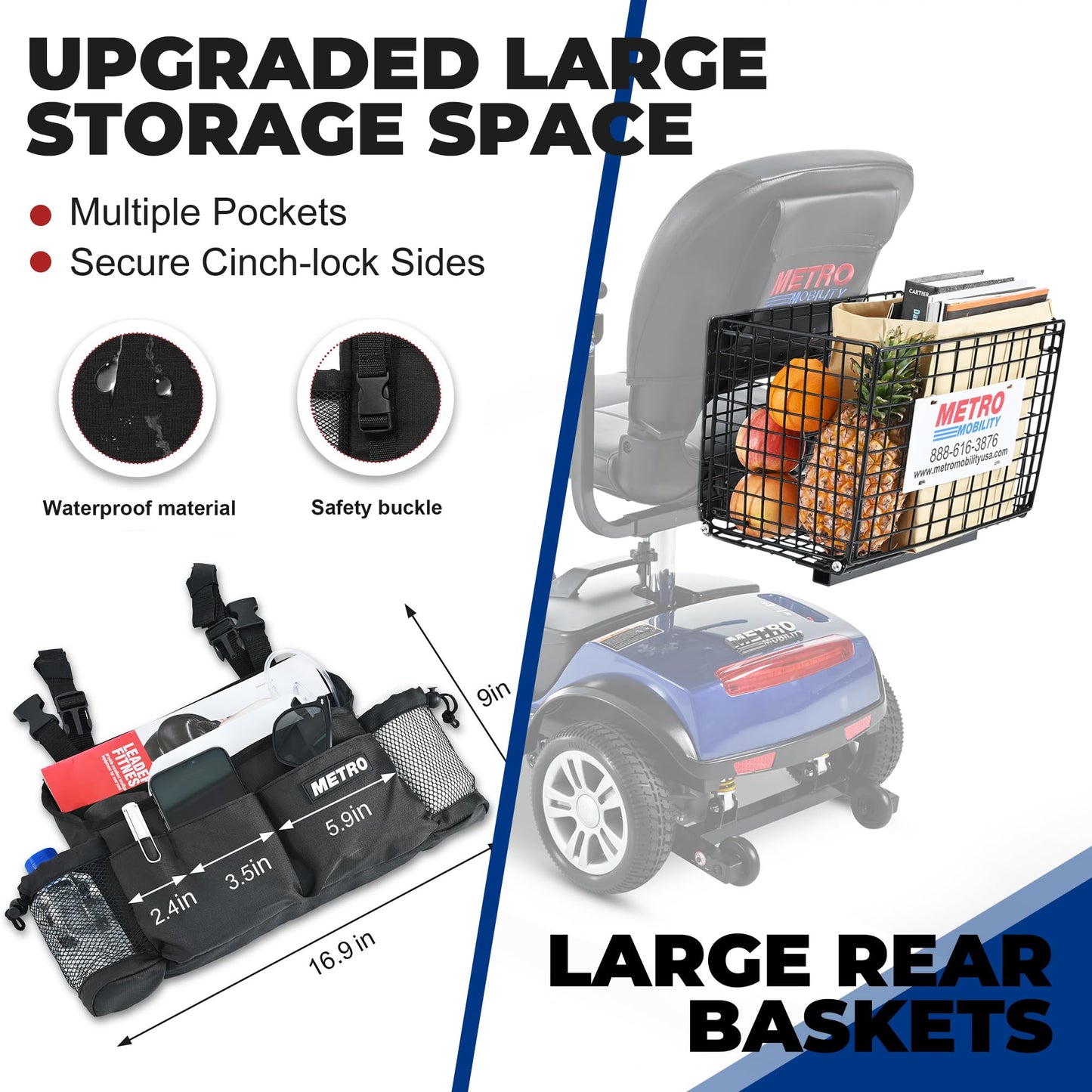 Metro Mobility 4 Wheel Powered Mobility Scooters, 300 lbs Capacity Mobility Scooters for Adults, Folding Mobility Scooter Lightweight, Electric Scooters for Seniors 10 Miles Range LED Light Blue