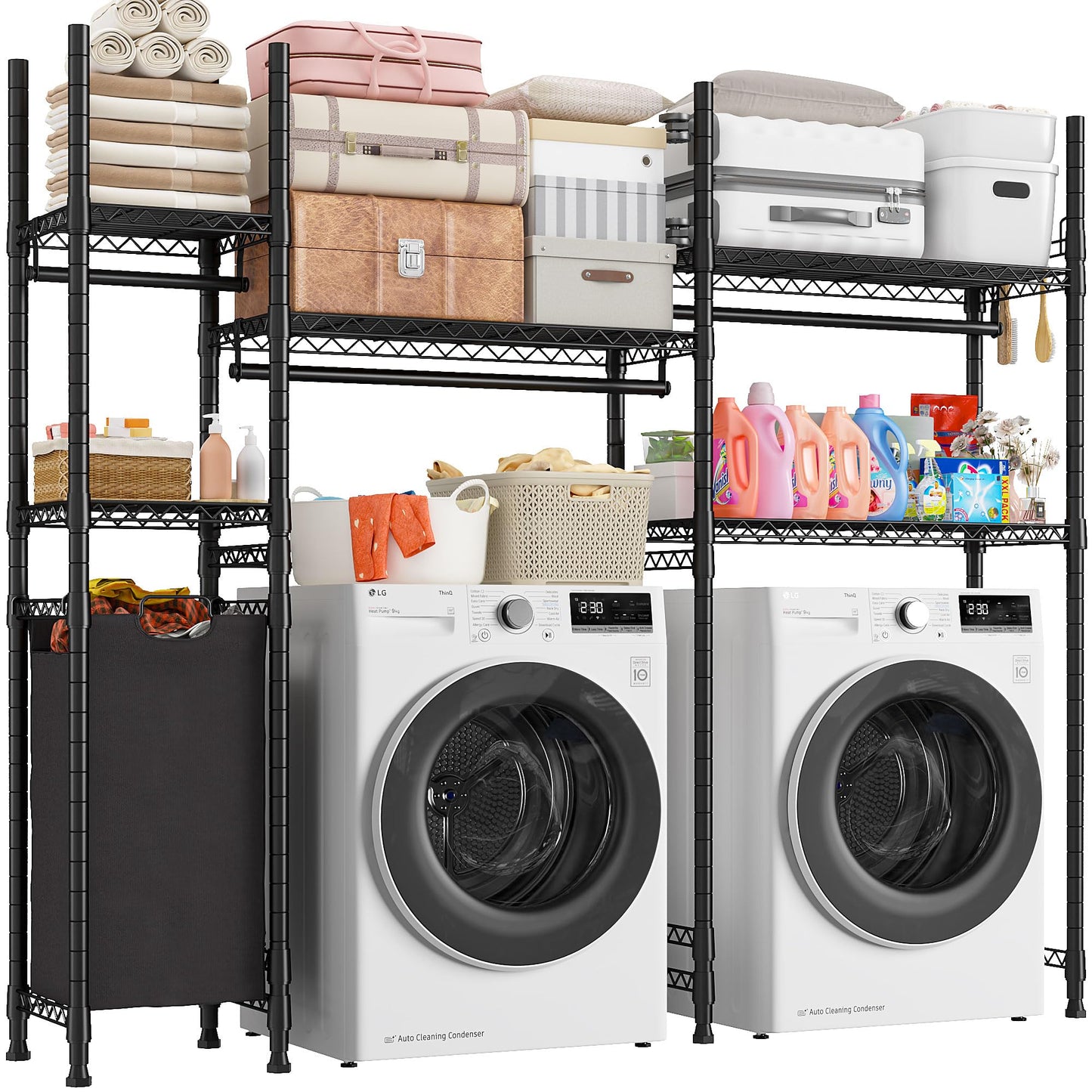 Raybee Over The Washer and Dryer Storage, Laundry Room Organization and Storage with Laundry Hamper and Hooks Washer and Dryer,17.3" D x 78.7" W x 76.4" H