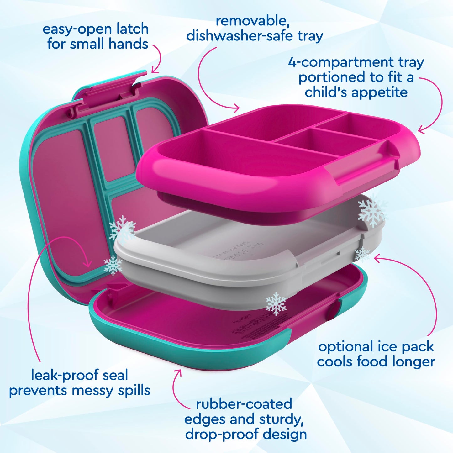 Bentgo Chill Kids Leak-Proof Lunch Box - 4-Compartment Bento Box with Built-In Ice Pack, 3.3 Cup Capacity, PFAS & BPA-Free, Microwave & Dishwasher Safe, Ideal Size for Ages 3 to 7 (Fuchsia/Teal)