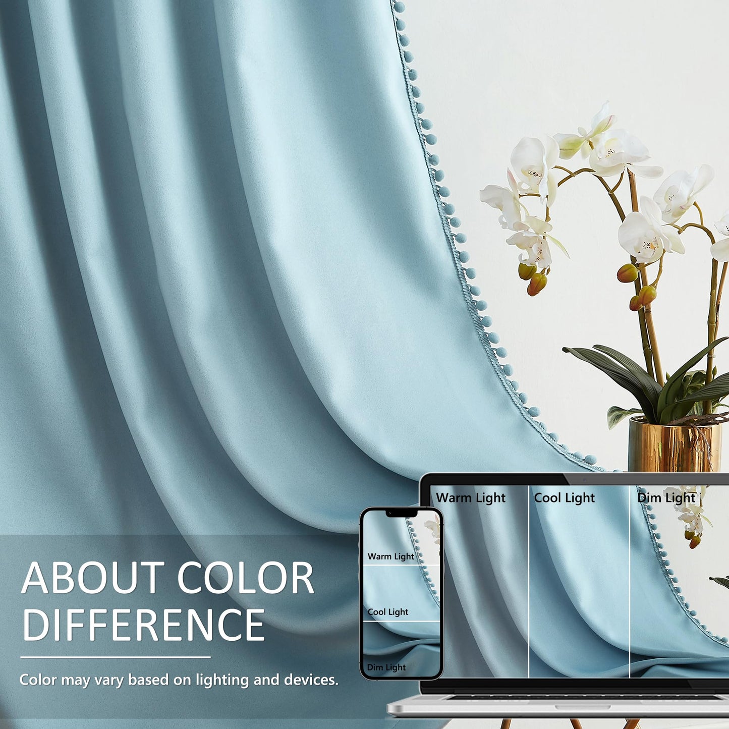 TREATMENTEX Pom-Pom Blue Curtains Living Room 84 inches Energy Efficient Thermal Insulated Room Darkening Curtain Panels for Bedroom Window Draperies Nursery Room Children 50in w x2 Panels Rod Pocket