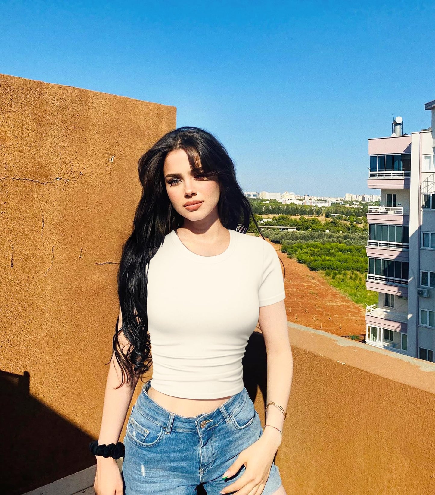 OQQ Womens 2 Piece Shirts Short Sleeve Crew Neck Ruched Stretch Fitted Tee Shirts Crop Tops Black Beige