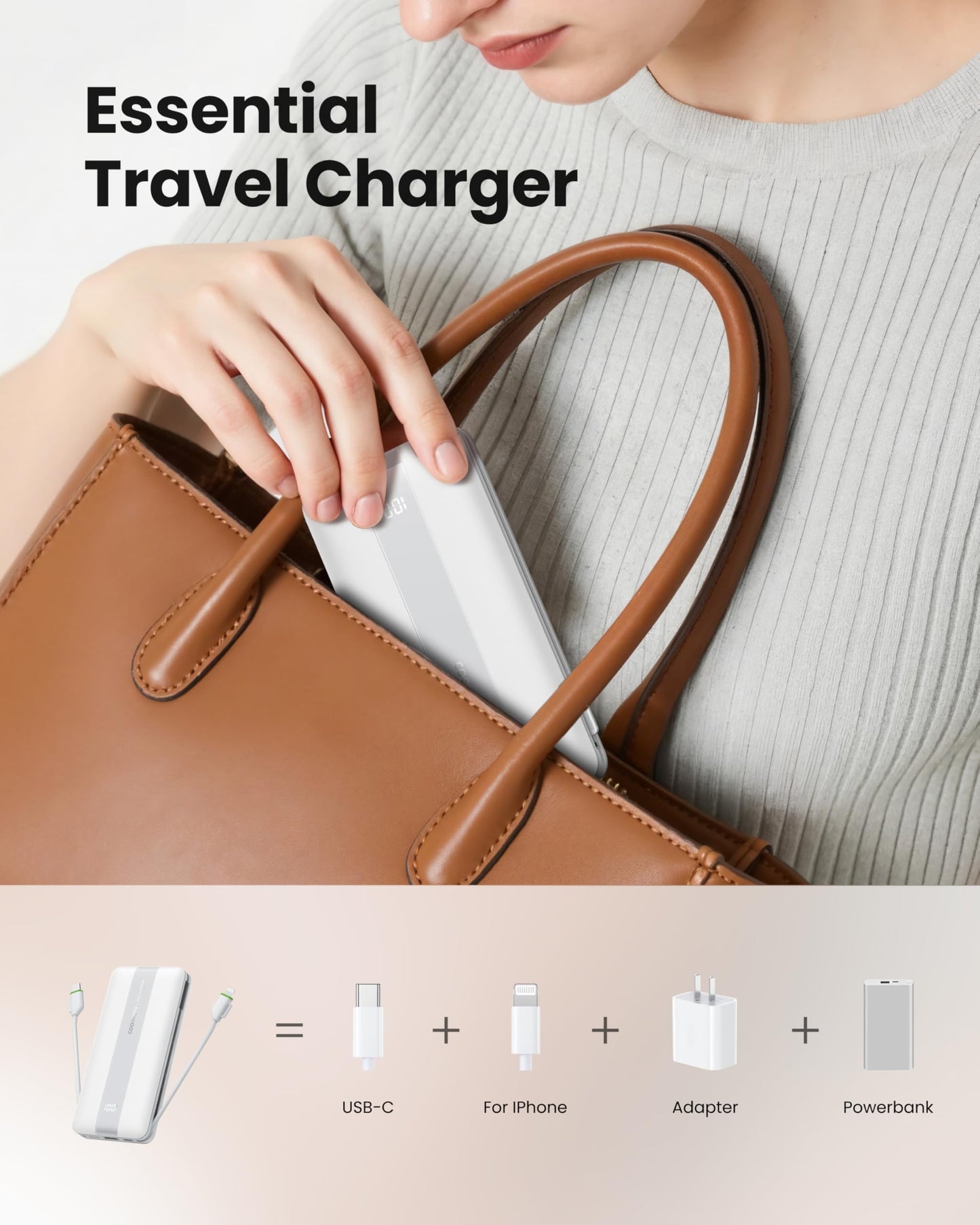 Portable Charger with Foldable AC Wall Plug, Slim 10500mAh 22.5W Fast Charging Power Bank Built-in Cables, 4 Outputs 3 Inputs LED Display External Battery Pack Compatible with iPhone/Android (White)