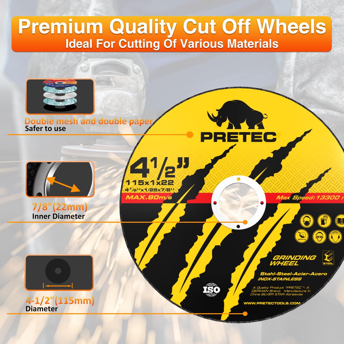 PRETEC 26 Packs Angle Grinder Cutting Flap Grinding Disc Wheel 4 1/2in Inches - 20 Packs 4.5"x1/4"x7/8" Cut off Wheels,3 Packs 4.5"x7/8" 60 Grit Flap Discs, 3 Packs 4.5"x1/25"x7/8" Grinding Wheels