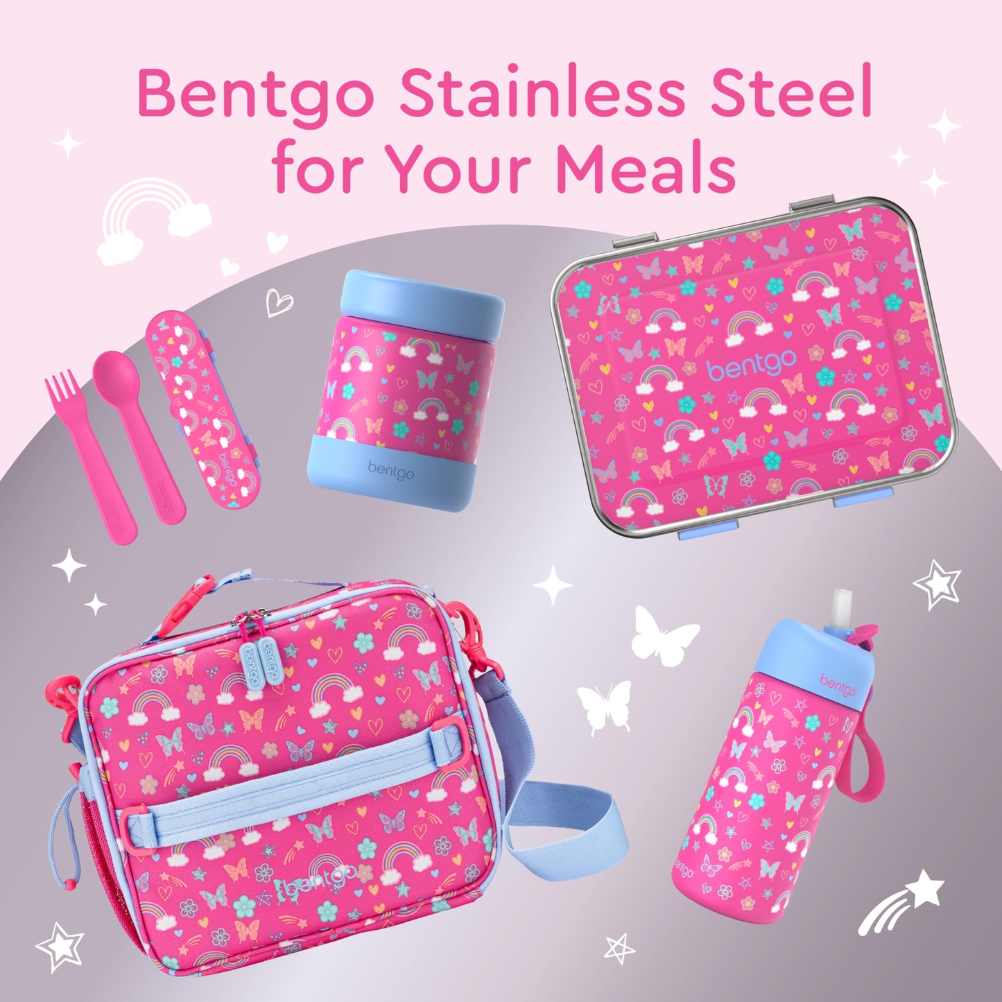 Bentgo® Kids Stainless Steel Insulated Water Bottle - Leak-Proof; Keeps Cool for 12 Hours; Durable, BPA-Free, Dishwasher Safe 14 oz. Cup for Ages 3+ for School/Sports/Daycare (Rainbows & Butterflies)
