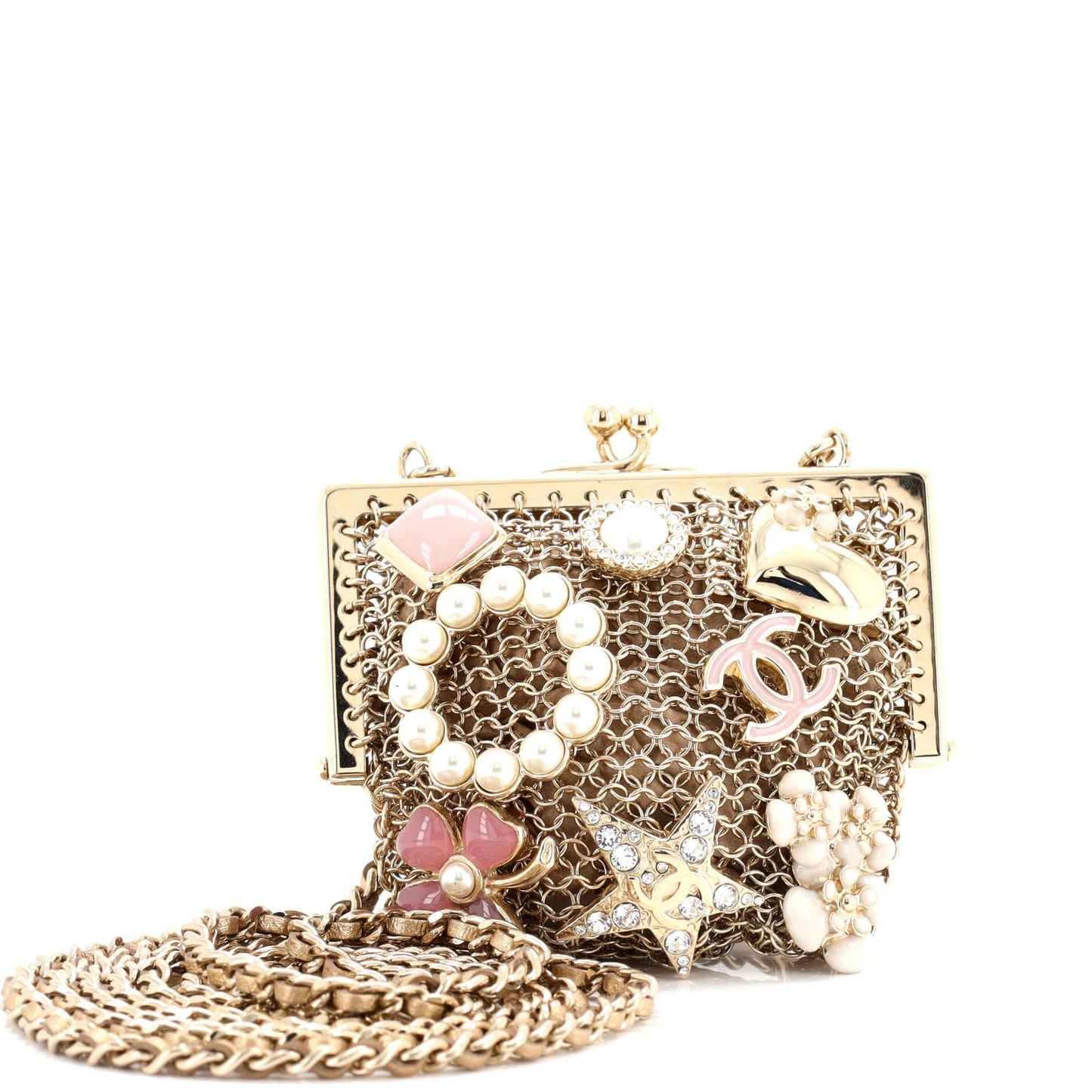 Chanel, Pre-Loved CC Charm Kisslock Frame Clutch with Chain Embellished Metal Mesh Mini, Gold