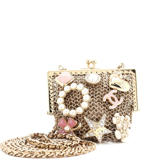 Chanel, Pre-Loved CC Charm Kisslock Frame Clutch with Chain Embellished Metal Mesh Mini, Gold