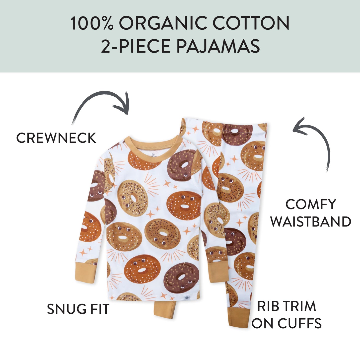 HonestBaby 2-Piece Pajamas Sleepwear PJs 100% Organic Cotton for Baby, Toddler, Kids, Boy, Bagel Schmagel
