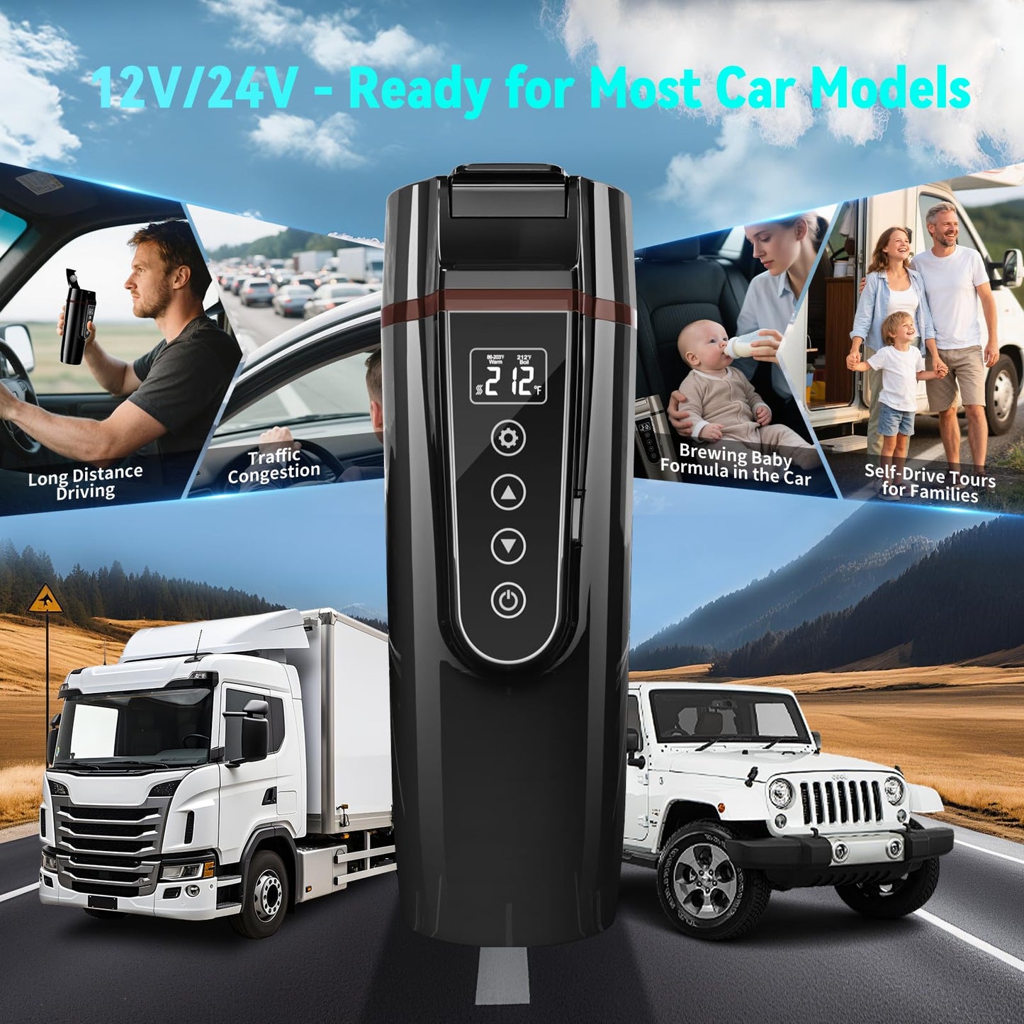 Car Electric Kettle for Travel : FVPE 12V/24V Small Electric Water Kettle, Multi-Temp Control 400 mL Portable Car Water Boiler for Brewing Coffee Tea,LCD Display 304 Stainless Steel Truck Heating Cup