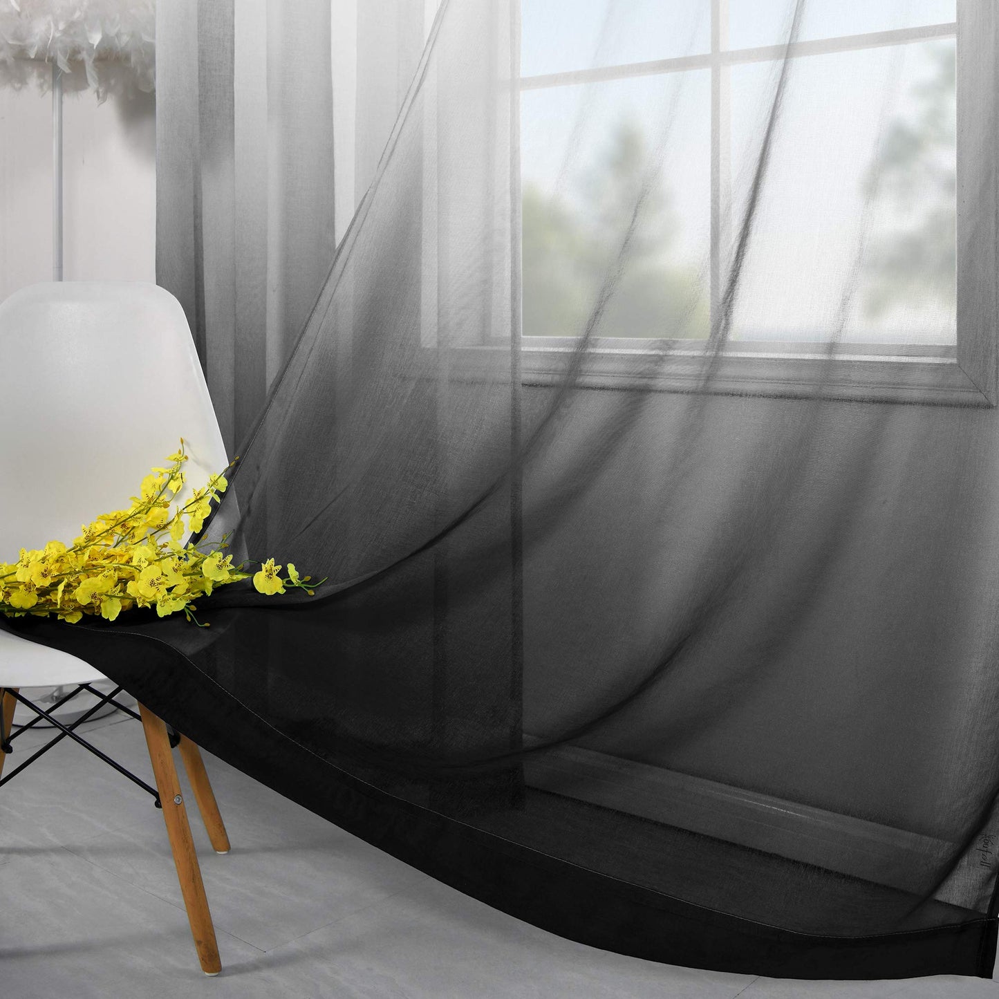 KOUFALL Modern Decorative Unique Faux Linen Ombre Semi Sheer White and Black Sheer Curtains for Living Room Bedroom Boys Room Decor Teen 52 x 84 Length 2 Windows Curtain Set Panels Rod Pocket
