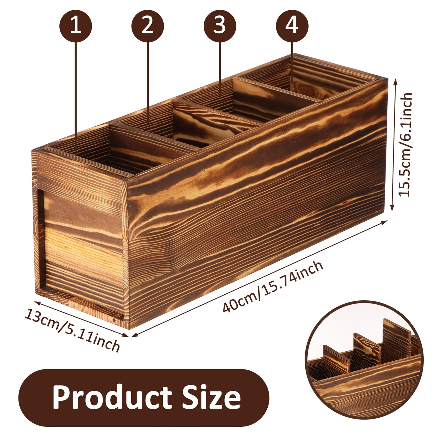 Tcwhniev Utensil Holder 4 Compartments, Wood Silverware Caddy with Removable Divider Reusable Utensil Caddy for Home Kitchen Countertop Party