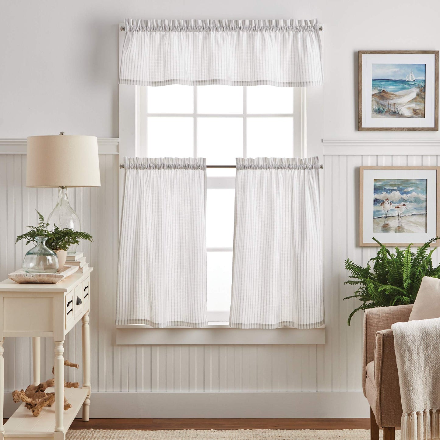 Martha Stewart Ticking Stripe 3-Piece Window Curtain Valance and Tiers Set, White Grey