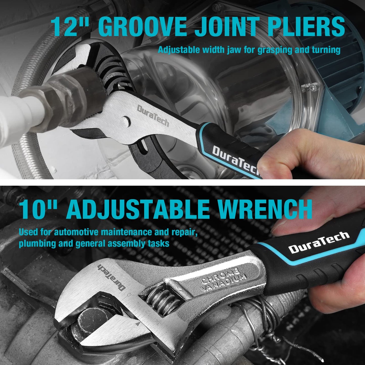 DURATECH 8-Piece Pliers Set with Rolling Pouch, Premium Cr-V/Cr-Ni Construction, (12", 10", 8" Groove Joint Pliers, 8" Adjustable Wrench, 8" Linesman, 6" Long Needle Nose, 6" Slip Joint, 6" Diagonal)