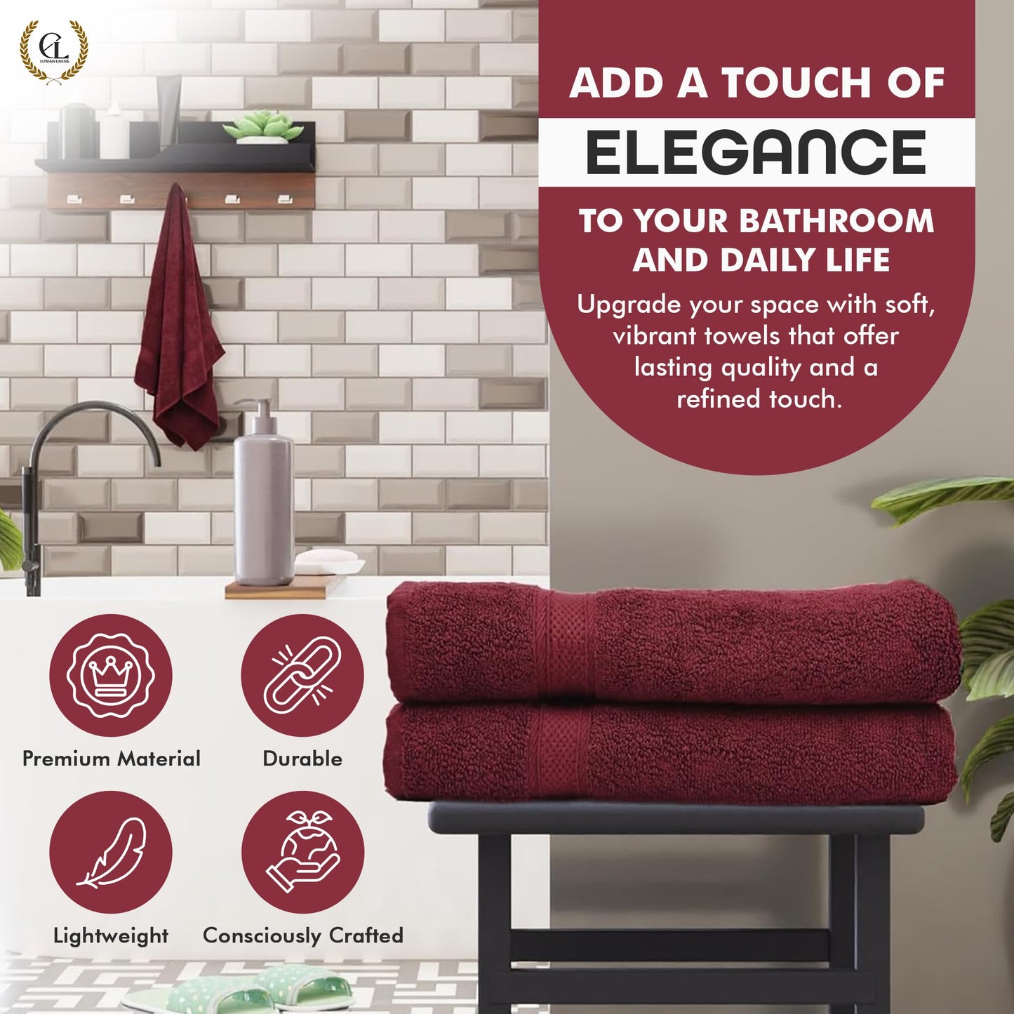 Elysian Linens Bath Towels Highly Absorbent Soft Fade Resistant 100% Cotton Bath Towels Hand Towels and Washcloth Set (Elysian Linens Crimson Comfort) 6-Piece 600 GSM