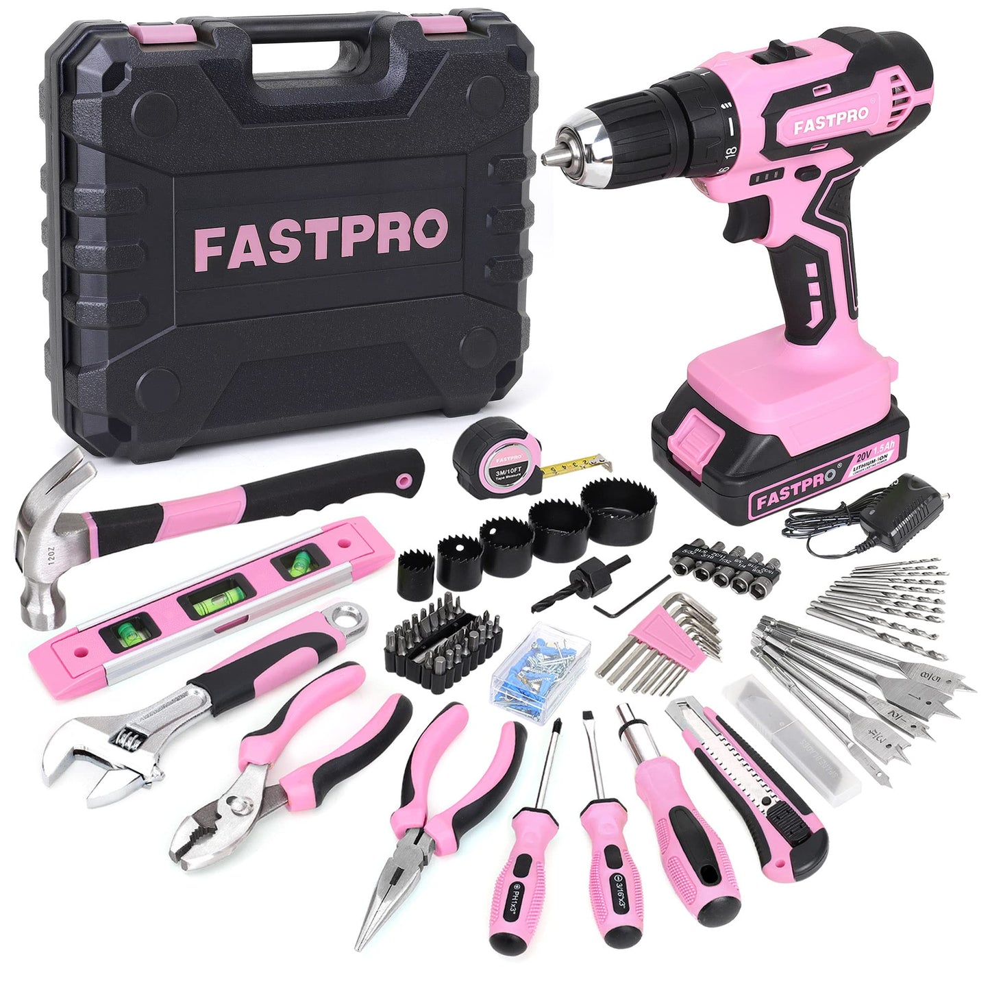 FASTPRO 177-Piece 20V Pink Cordless Lithium-ion Drill Driver and Home Tool Set, Lady's Home Repairing Tool Kit with Drill in Storage Case